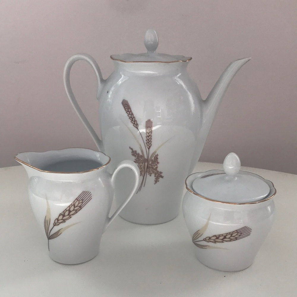 White tea set with wheat design.